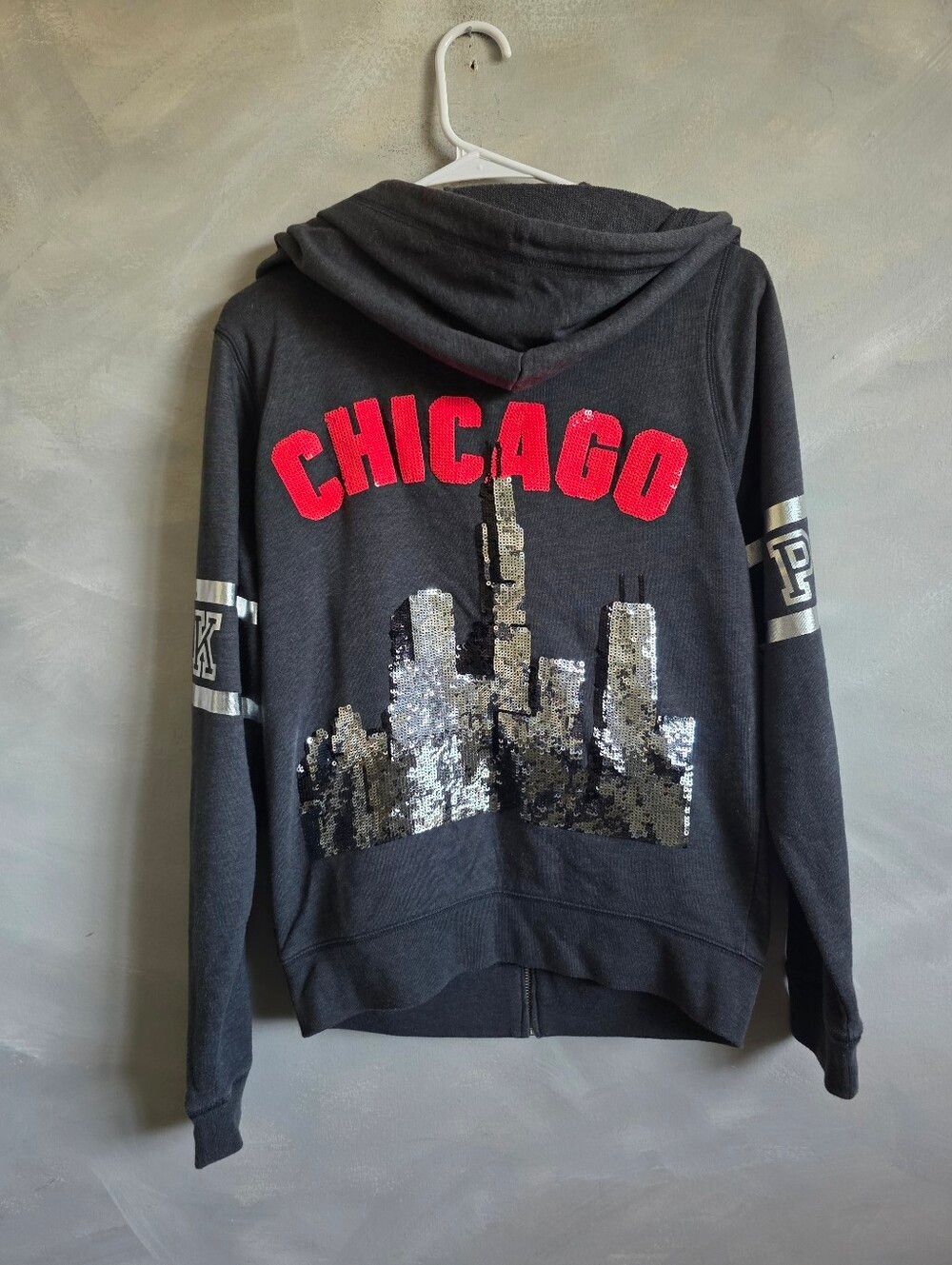 Victoria's Secret Full Zip Hoodie Women's M Gray Sequin McBling Y2K Chicago Sky